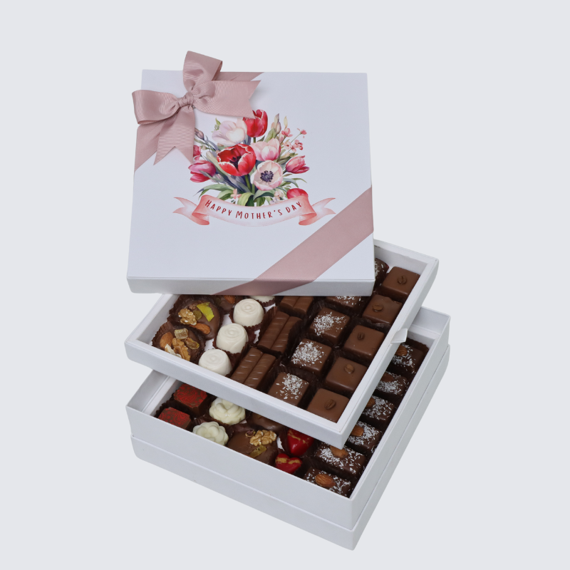 "HAPPY MOTHER'S DAY" FLORAL DESIGNED 2-LAYER (1 KILO) CHOCOLATE HARD BOX