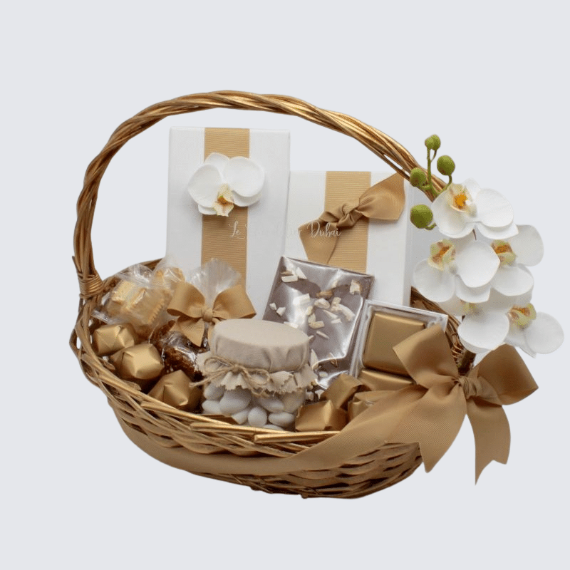 LUXURY DECORATED GOLD RIBBON CHOCOLATE & SWEETS BASKET	 	