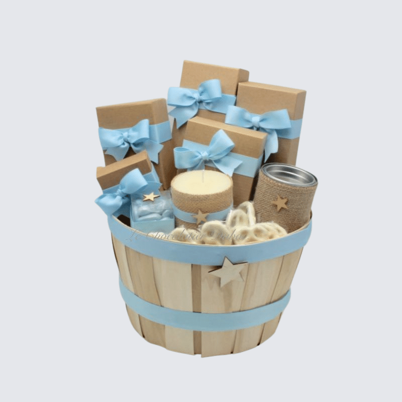 BABY BOY STARS DECORATED CHOCOLATE & SWEETS WOODEN HAMPER	