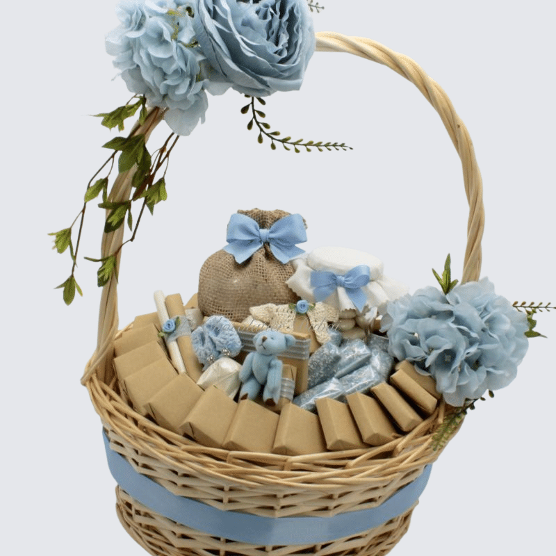 BABY BOY FLOWER DECORATED CHOCOLATE & SWEETS LARGE BASKET