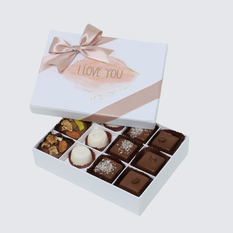 "I LOVE YOU" STAINED TAUPE DESIGNED 12-PIECE CHOCOLATE HARD BOX