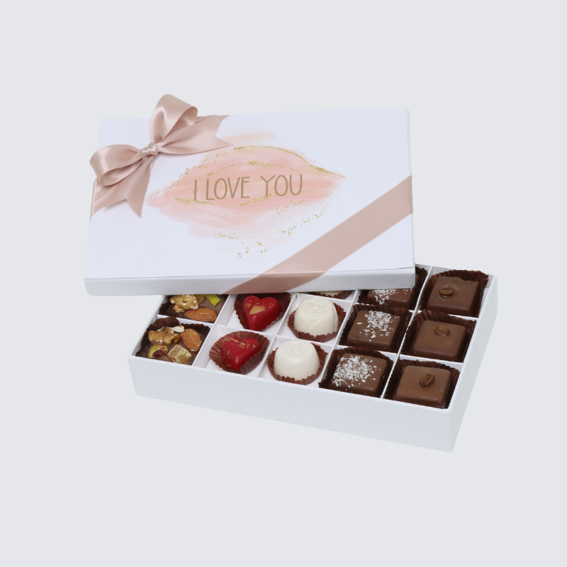 "I LOVE YOU" STAINED TAUPE DESIGNED 15-PIECE CHOCOLATE HARD BOX