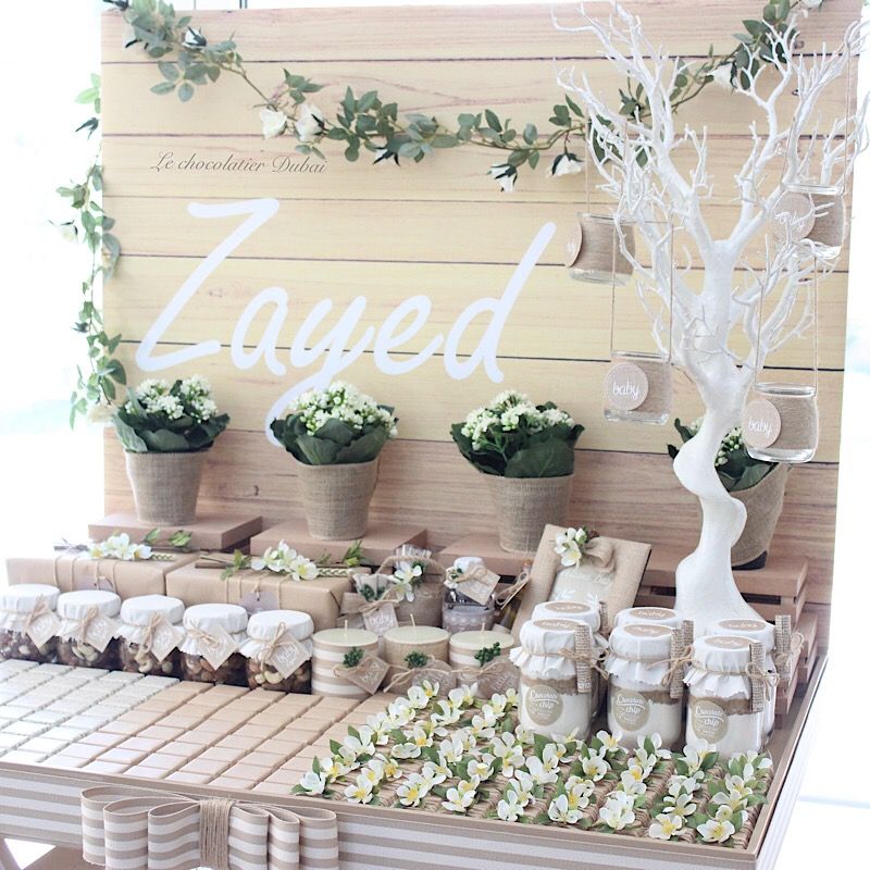 LUXURY BABY RUSTIC THEME PERSONALIZED CHOCOLATE & GIVEAWAYS ARRANGEMENT