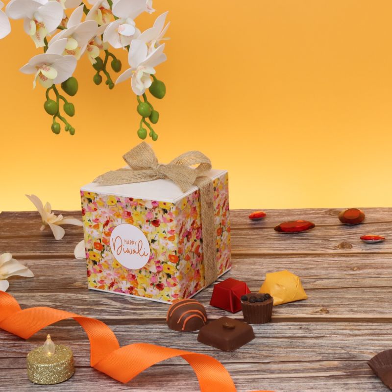 HAPPY DIWALI FLORAL DESIGNED CHOCOLATE CUBE SOFT BOX GIVEAWAY