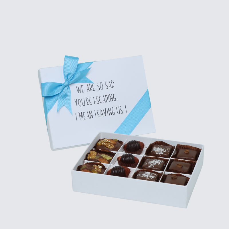 " WE'RE SO SAD YOU'RE ESCAPING" WORK MESSAGE 12- PIECE CHOCOLATE HARD BOX