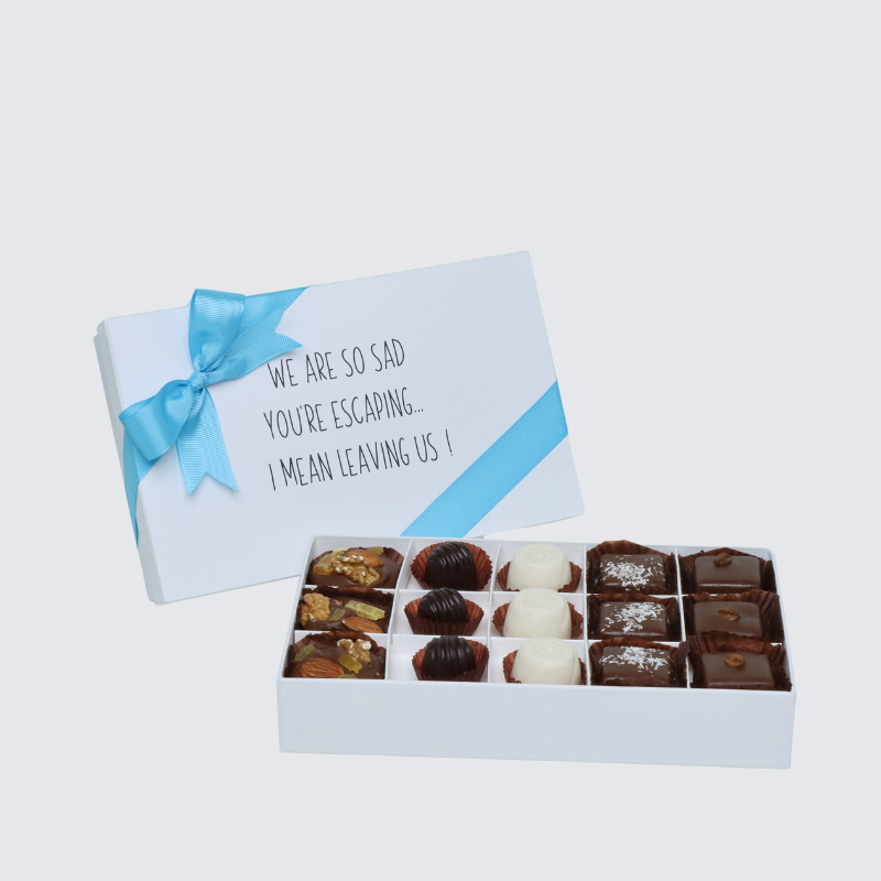 " WE'RE SO SAD YOU'RE ESCAPING" WORK MESSAGE 15 - PIECE CHOCOLATE HARD BOX