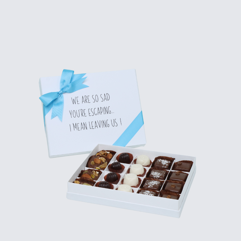 " WE'RE SO SAD YOU'RE ESCAPING" WORK MESSAGE 20 - PIECE CHOCOLATE HARD BOX