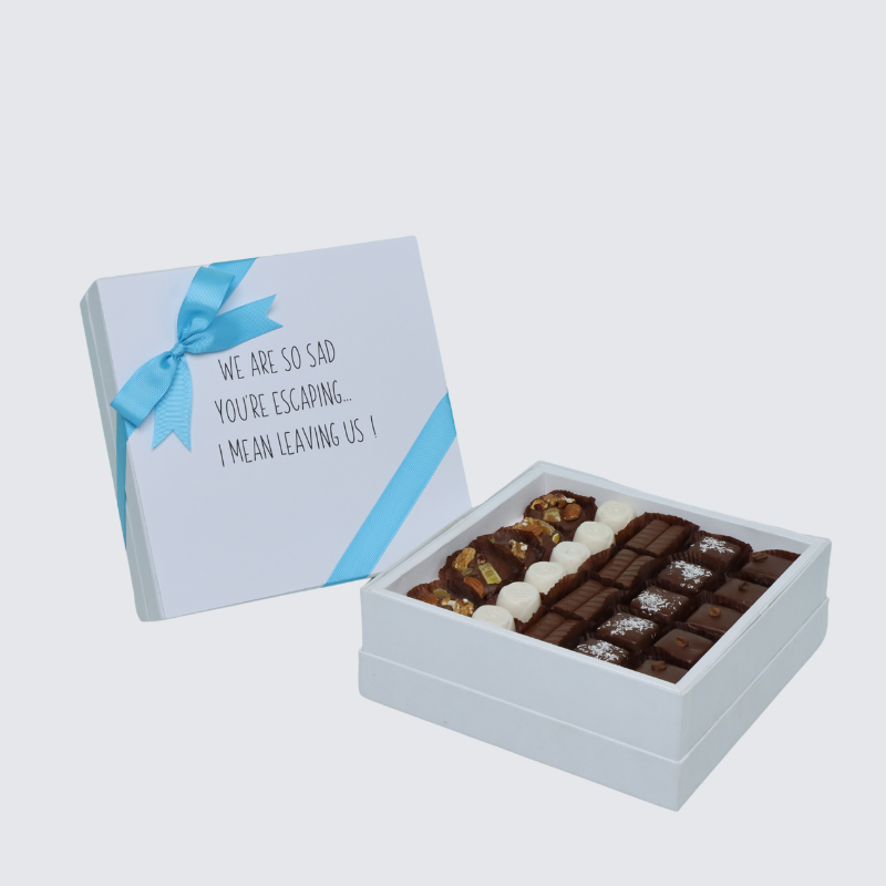 " WE'RE SO SAD YOU'RE ESCAPING" WORK MESSAGE 25 - PIECE CHOCOLATE HARD BOX