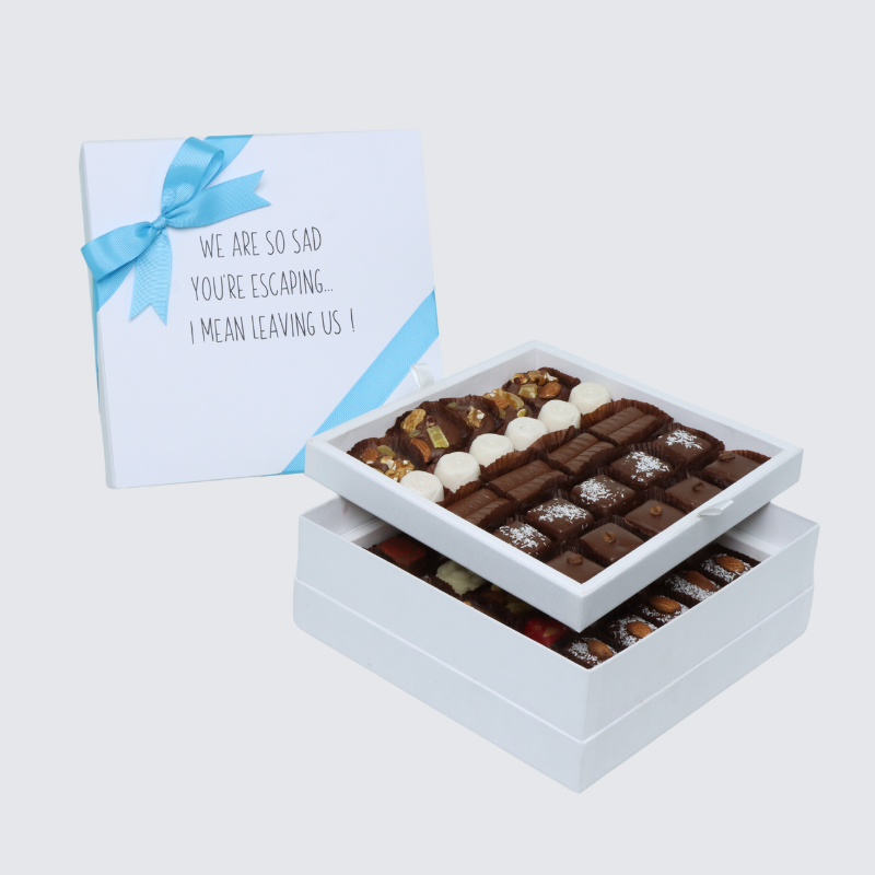"WE'RE SO SAD YOU'RE ESCAPING" WORK MESSAGE 2-LAYER CHOCOLATE HARD BOX