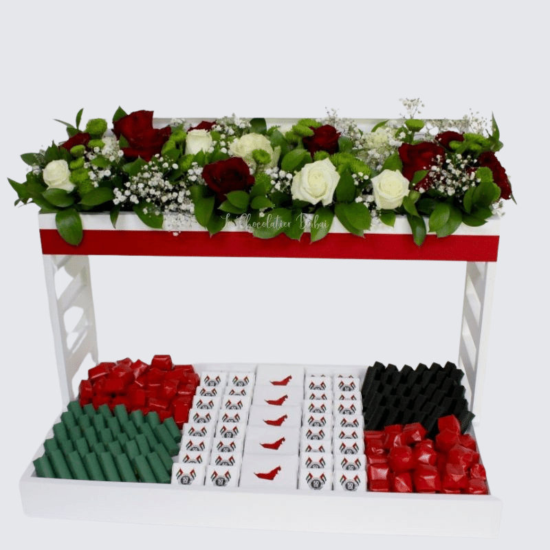 LUXURY NATIONAL DAY CHOCOLATES IN WOODEN STAND WITH FRESH FLOWERS