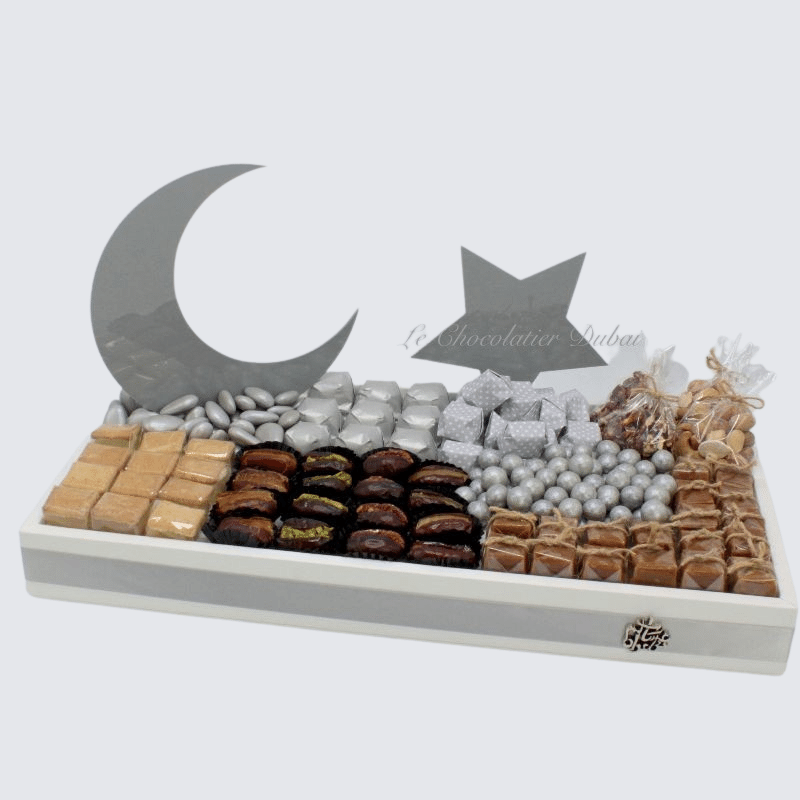 RAMADAN ACRYLIC SILVER CRESCENT AND STAR CHOCOLATE DATES LEATHER TRAY