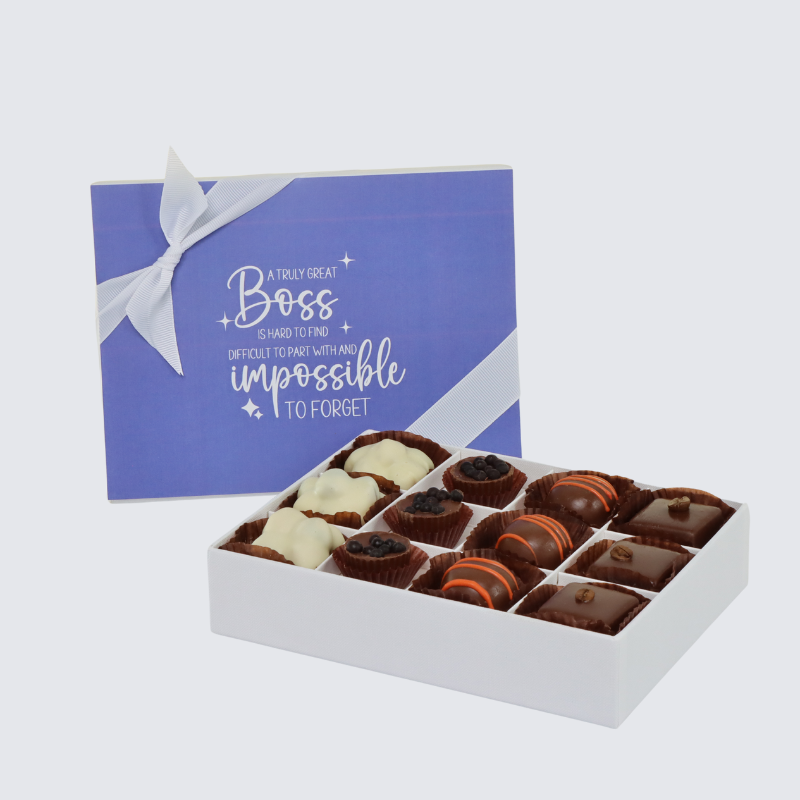"MESSAGE TO BOSS" RETIREMENT DESIGNED 12-PIECE CHOCOLATE HARD BOX