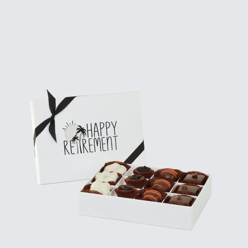 "HAPPY RETIREMENT" DESIGNED 12-PIECE CHOCOLATE HARD BOX