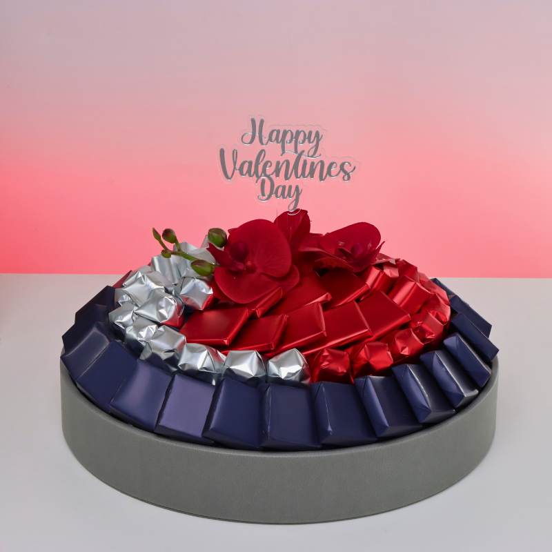 HAPPY VALENTINE'S DAY ORCHID DECORATED CHOCOLATE LEATHER ROUND TRAY