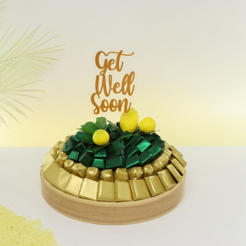 GET WELL SOON LEMON DECORATED CHOCOLATE LEATHER ROUND TRAY