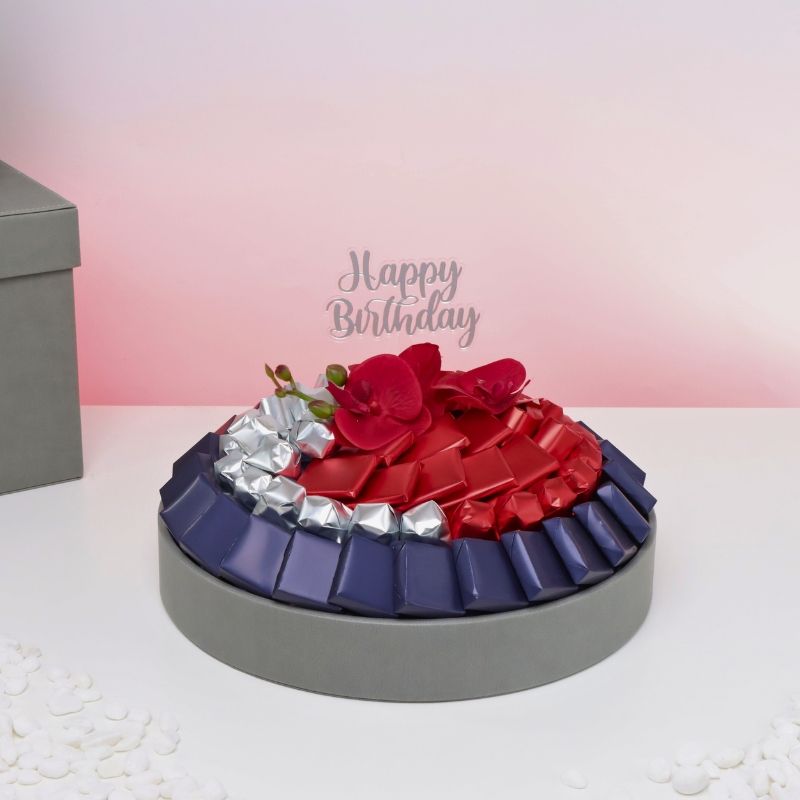 HAPPY BIRTHDAY ORCHID DECORATED CHOCOLATE LEATHER ROUND TRAY