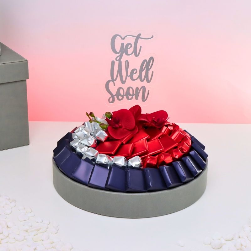GET WELL SOON ORCHID DECORATED CHOCOLATE LEATHER ROUND TRAY