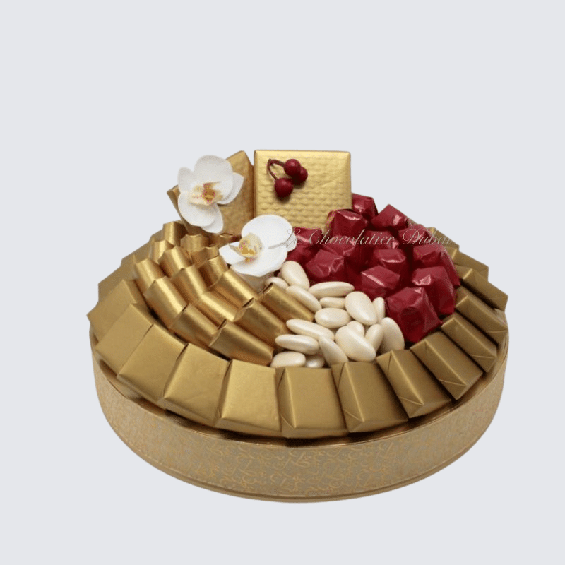 LUXURY FLOWERS AND CHERRIES DECORATED CHOCOLATE ROUND LEATHER TRAY