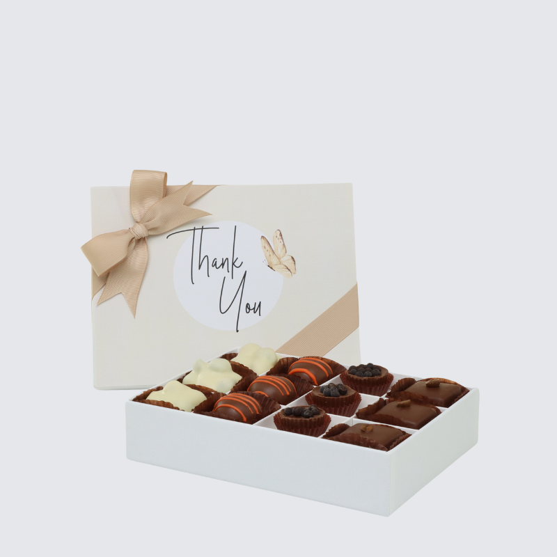 "THANK YOU" BUTTERFLY DESIGNED 12-PIECE CHOCOLATE HARD BOX