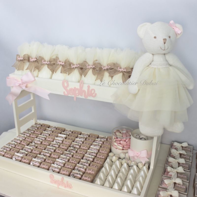 TEDDY BEAR PERSONALIZED DECORATED CHOCOLATE 2-TIERED WOOD TRAY
